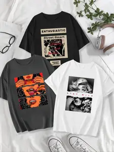 Women's Letter & Figure Print Round Neck Tee, Casual Short Sleeve Crew Neck T-shirt for Summer, Trendy T-shirts, Fashion Women's Top for Daily Wear, Clothing