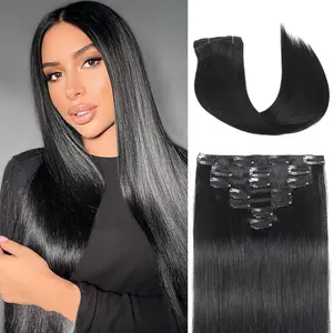 Summervibes Clip in Hair Extensions 170g/6oz Clip in Synthetic Hair Extension for Women Double Weft 6pcs Per Set with 16 Clips 1B Natural Black 24 Inch Straight Hairpiece for Girls Daily Party Use