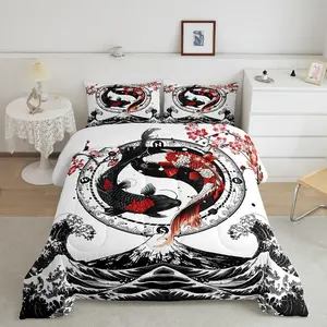 Japanese Koi Fish Designer Comforter Set,Cherry Blossoms Comforter,Japanese Wave Home Decor Luxury Bedding Set,Japanese Ukiyoe Theme Duvet Set