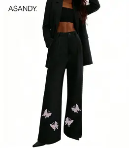 ASANDY Women's Chic Rhinestone Butterfly High-Waist Wide-Leg Plain Pants - Elegant All-Seasons Clothes for Women, Ideal for Brunch, Date Night,summervibes