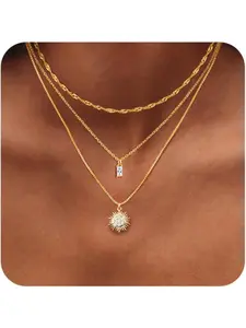 Gold Necklace,Layered Necklaces for Women,14K Gold Plated Pendant Necklace Set,Choker Herringbone Necklace,Gold Chain Jewellery for Women, Cuban Link Chain, Stacking Necklace