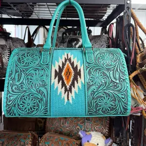 Genuine hand tooled leather speedy bag- turquoise & Aztec