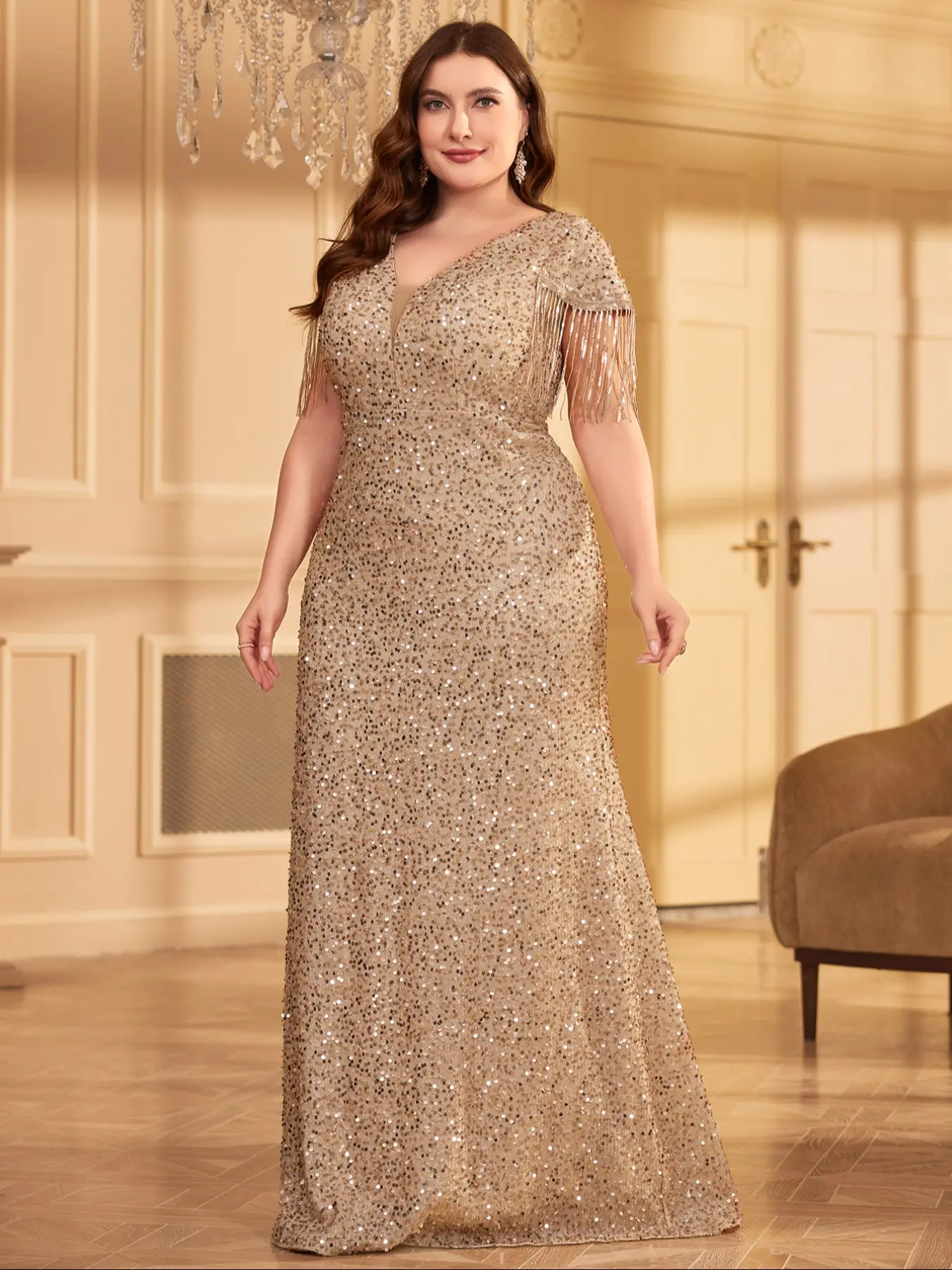 Elegant Chic V-Neck Sequined Dress with Cap Sleeve and Fringe, Waist Cinching Fitted Bodycon Formal Evening Gown, Elegant Party Dresses, Pure Color Maxi Floor-Length Party Dress Lady Womenswear Vneck