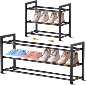3-Tier Expandable Shoe Rack for Closet, 18“-33” Adjustable Shoe Rack for Small Space, Small Shoe Organizer for Front Door, Sturdy Metal Room