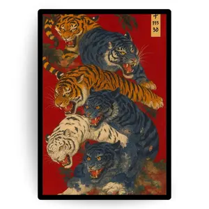 Japanese Tiger Poster in Ukiyo-e Style Featuring Multicolor Majestic Tigers on Red Background for Bold Vintage Wall Art Décor