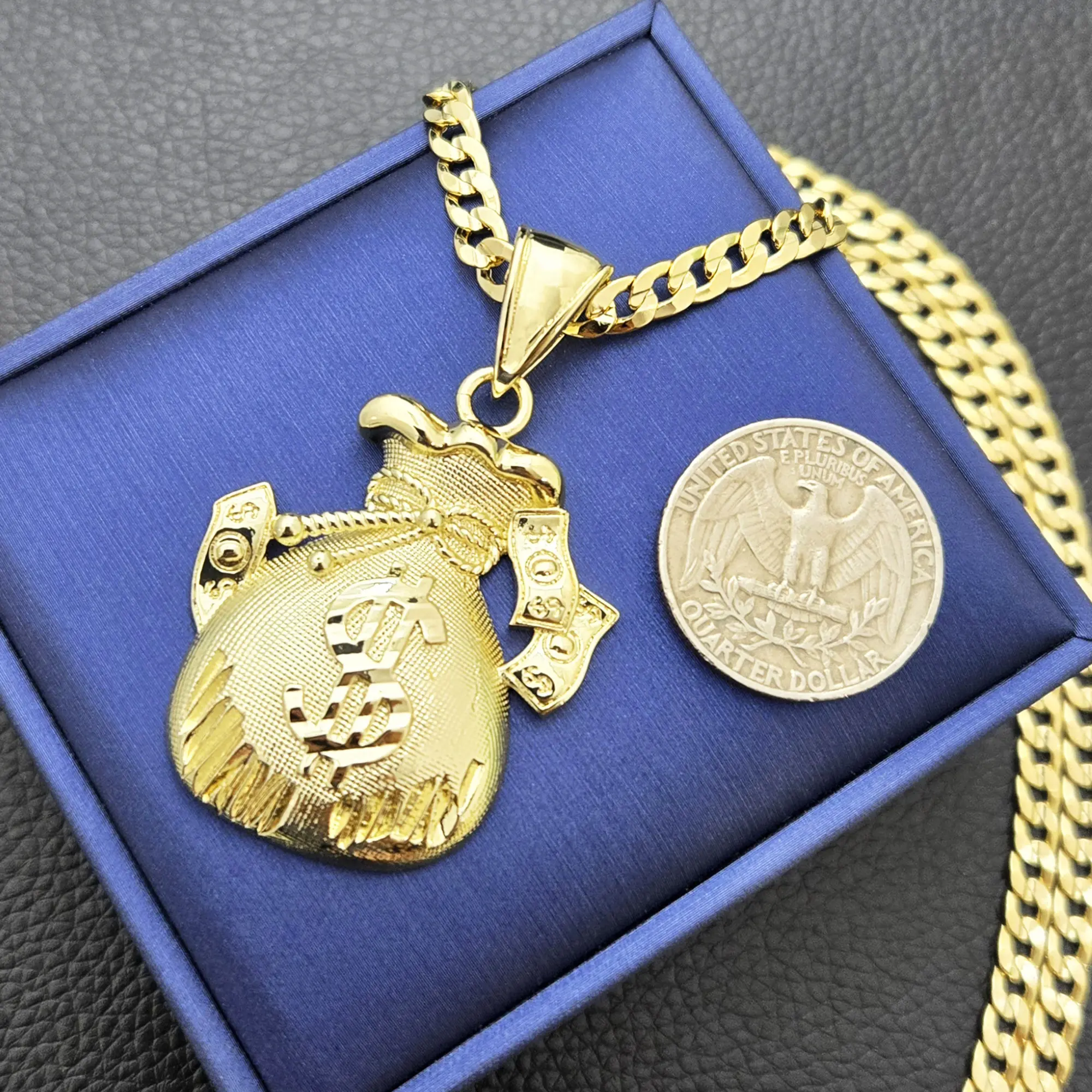 MaxBling81 AAA+ Brass Gold-Plated Money Bag Pendant Charm with 5mm 20"-24" Cuban Chain Necklace, 14K Stamped Lock, High-Quality Polished Fashion Costume Jewelry Accessory