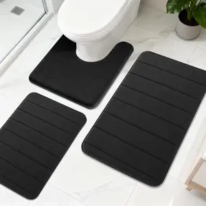 3 Piece Thick Memory Foam Bathroom Rug Set, Non Slip Backing Bath Mat, Machine Washable & Quick Drying, Ultra Soft Black Carpet Mat with Toilet Floor Rug for Bathroom, Kitchen, Bathtub