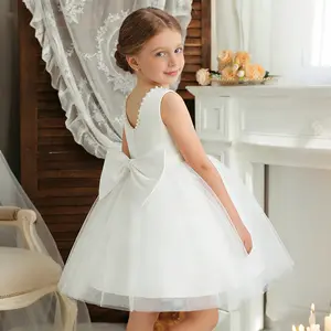 Elegant Girls White Wedding Party Princess Dress New Tulle Big Bow Formal Evening Dress 3-8 Years Children First Communion Dress