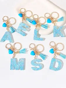 Vibrant Blue Glitter Resin Alphabet Keychain Kawaii with Tassel and Heart Charm - Stylish Women's Casual Fashion Accessory with Personalized Letter, Ideal Gift for Friends, Perfect Bag Pendant, Fashionable and Unique, Keychain for Bags