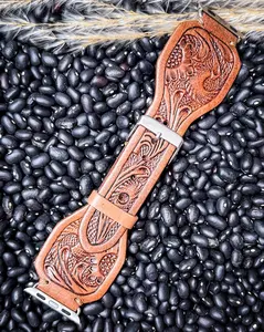Myra Bag Floral Lone Star Hand-Tooled Leather Watch Band, Antique Saddle Brown Fashion Watch Accessory