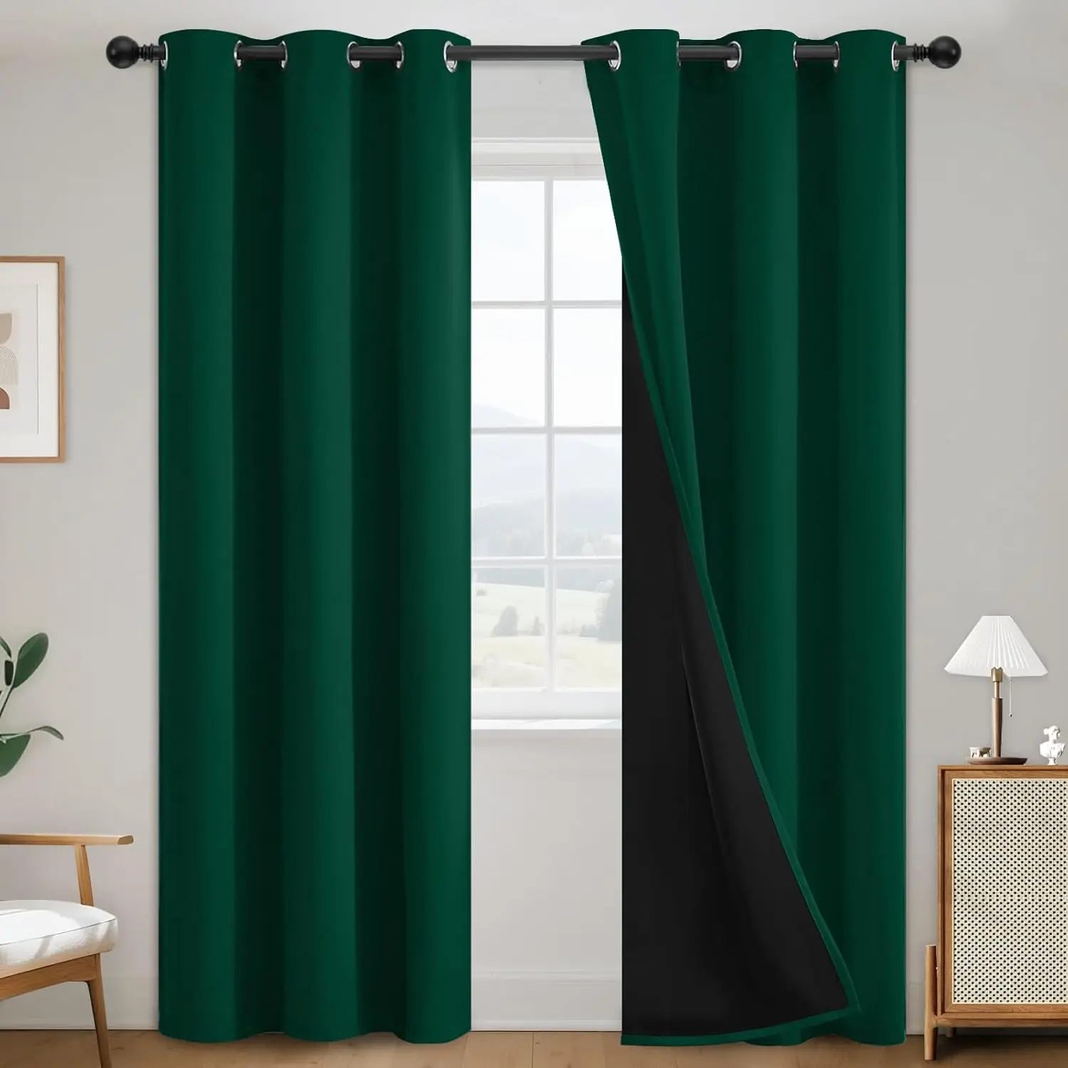 Polyester 100% Blackout Grommet Top Rectangular Window Drapes, Thermal Insulated Dark Green Curtains with Black Back, 38x84 Inch, 2 Panels for Bedroom & Living Room, Room Darkening