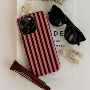 JIACC Burgundy & Pink Stripe Phone Case Glossy Slim Tough Cover  for iPhone 17 ProMax Plus Air 16 15 14 13 12 11 X XR & SamsungS25 S24 S23 S22 Ultra, Unique Gift Option