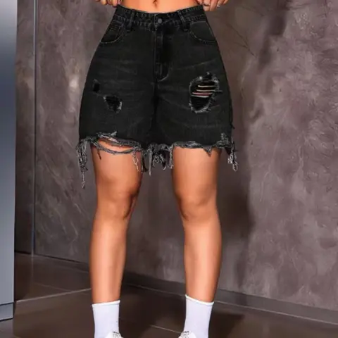 Women's Loose Fit Ripped Shorts, Vintage Washed Casual Denim Shorts, Frayed Denim Short for School, Travel and Party Wear