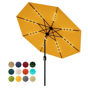 9FT Solar LED Patio Umbrella with 32 Lights Tilt Crank 8 Ribs Waterproof UV Resistant Market Umbrella for Garden Deck Pool Table