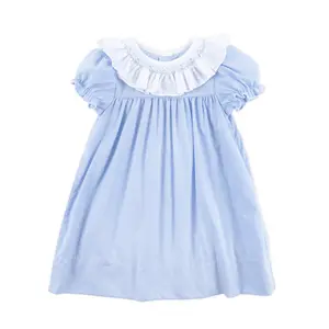 Blue Gingham Smocked Ruffle Collared Dress