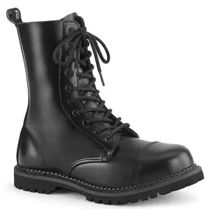 Demonia Men's Riot-10 Black Leather Ankle Boots - Closed Lace-Up with Steel Toe & Rubber Sole - Full-Length Zip Closure - Casual Footwear