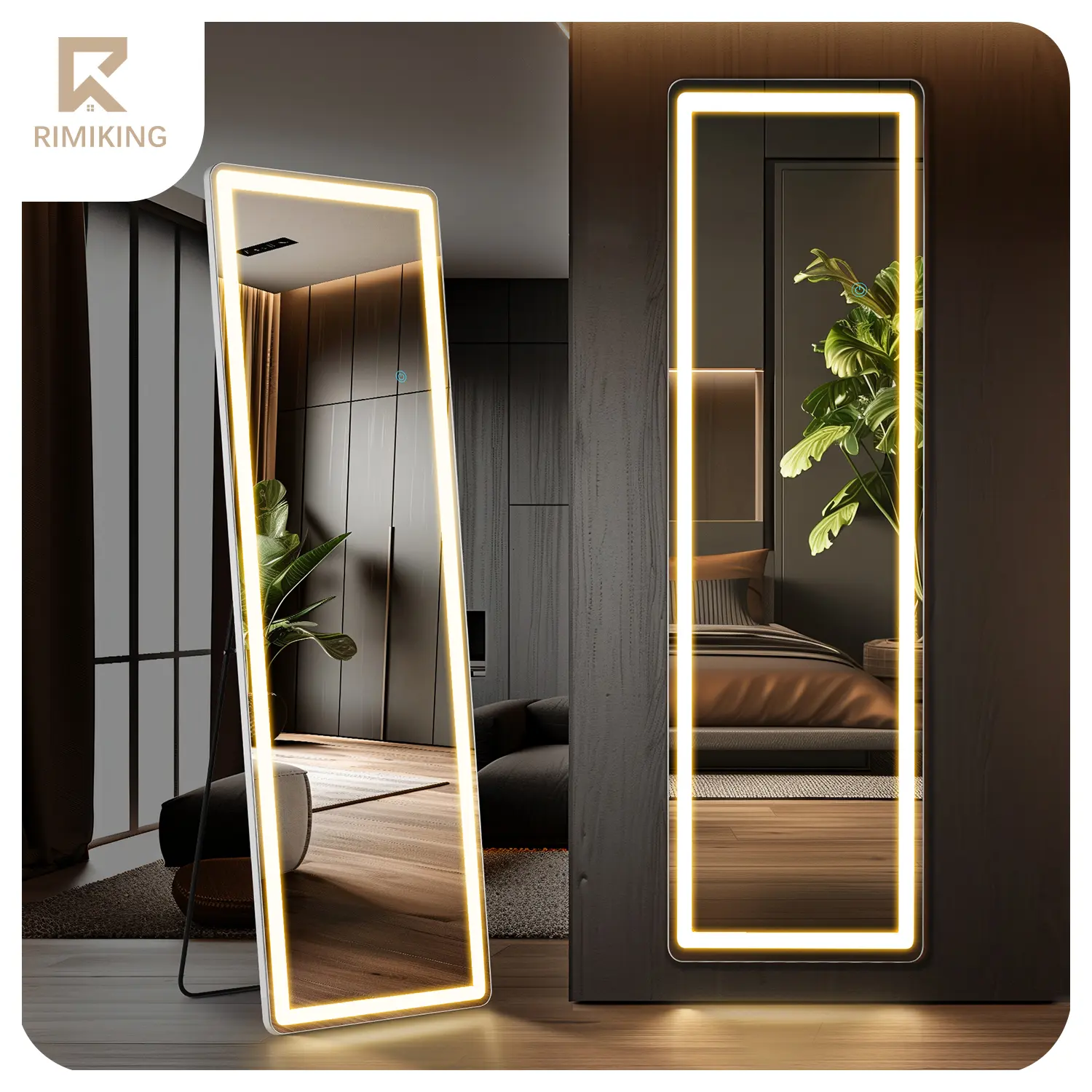 【Fathersdaygift】RIMIKING LED Full-Length Mirror, Touch Button Control, Dimmable Brightness, Color Temperature Options,Home Decor, Hd Glass,2164N, Room Decor, Vanity Desk, Living Room, Decorating
