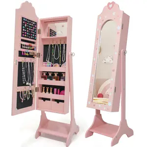 Ktaxon Kids Jewelry Armoire Cabinet, Standing Jewelry Organizer with Full-Length Mirror, Large Storage Capacity, Kids Vanity Dress Up Mirror Jewelry Cabinet for Girls