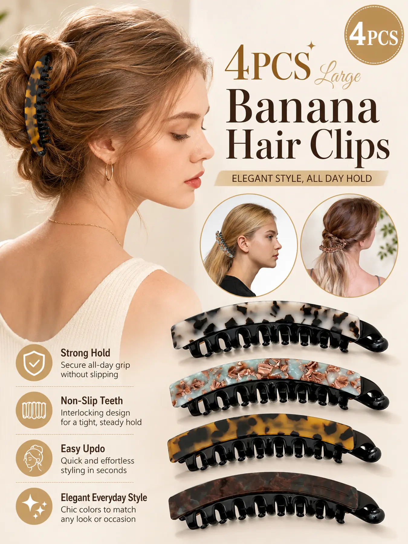 4PCS Banana Hair Clips for Women, Large Vertical Ponytail Holder Fun Claw Clips, Hair Claws, Non-Slip Hair Clip, Durable Updo Barrettes for Thin Thick Hair, All-Day Hold Hair Accessories for Styling, Daily Wear, Work, Travel and Gifts
