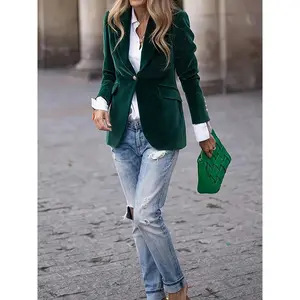 Women’s Velvet Blazer – Elegant Long Sleeve Jacket, Slim Fit Formal Suit Women’s Wear Basic Chic Fitted Dark Green