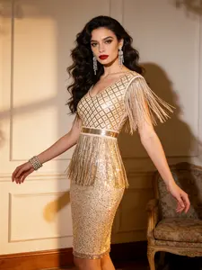 Women's Elegant Formal Two-Layer Dress with Contrast Mesh, Fringe and Sequins, Sleeveless Knee Length, Perfect for Weddings, Concerts, Parties