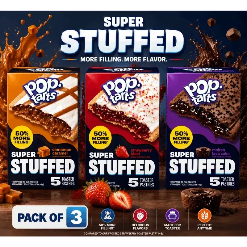 Pop-Tarts Super Stuffed Toaster Pastries Variety Pack, Molten Lava Cake, Strawberry Blast & Cinnamon Caramel, 50% More Filling, Shelf-Stable, 15 Count (3 Boxes, 10.9 oz Each)