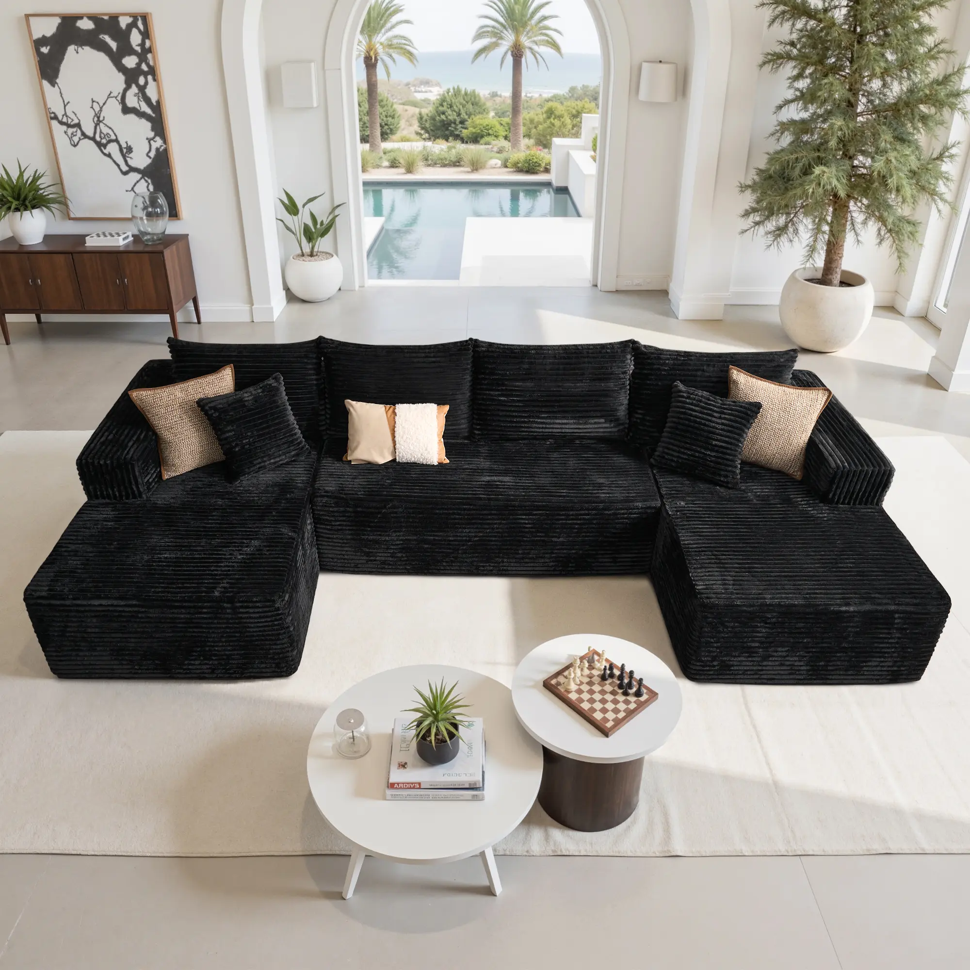 135” U Shaped Black Plush Corduroy