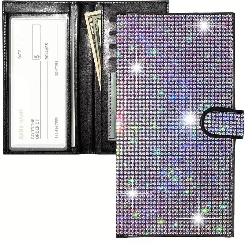 Bling Rhinestone Checkbook Covers Colorful Glitter Artificial Diamond ID Credit Card Holder for Women Gift RFID Blocking Register Personal Wallet with Pen Insert with Divider