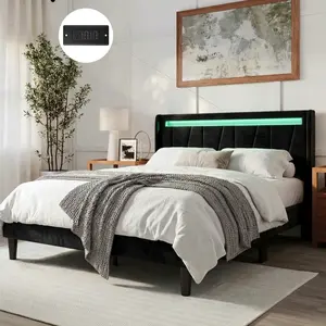 HOOMIC Full/Queen/King Size LED Bed Frame with Charging Station, Velvet Upholstered Platform Bed, Geometric Wingback Headboard – No Box Spring Needed, Easy Assembly, White/Black/Grey#mothersdaygift