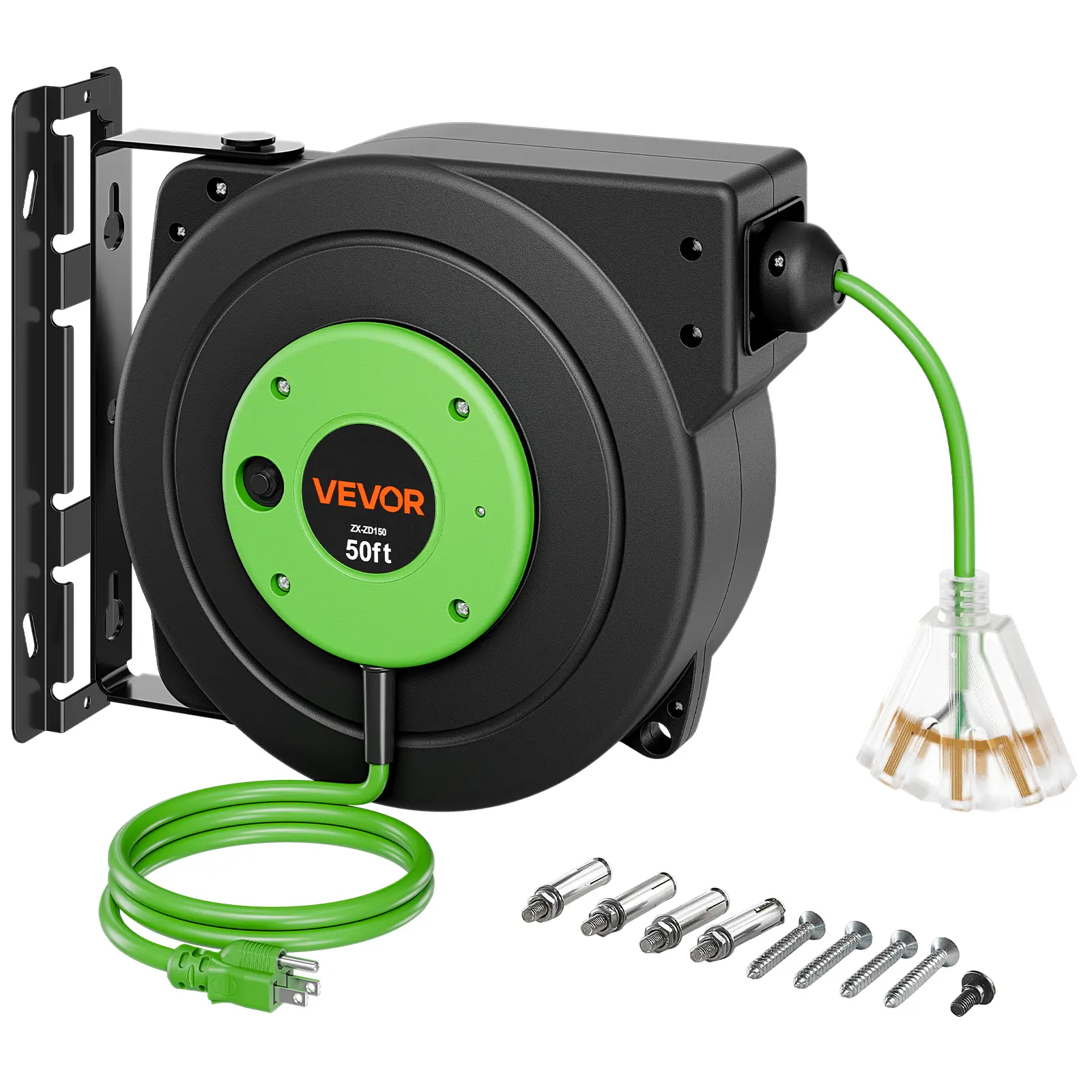 VEVOR Retractable Extension Cord Reel 50FT Heavy Duty 14AWG/3C SJTOW Green, for Ceiling/Wall Mount, 13A Circuit Breaker, Automatic Retractable Power Cord, Lighted Triple Tap, with 180° Swivel Bracket