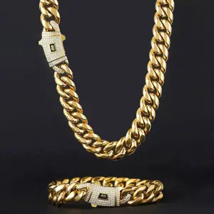 European and American hip-hop Cuban chain men's necklace, 14K gold, zircon, titanium steel, unisex trendy and versatile jewelry Mother's Day gift