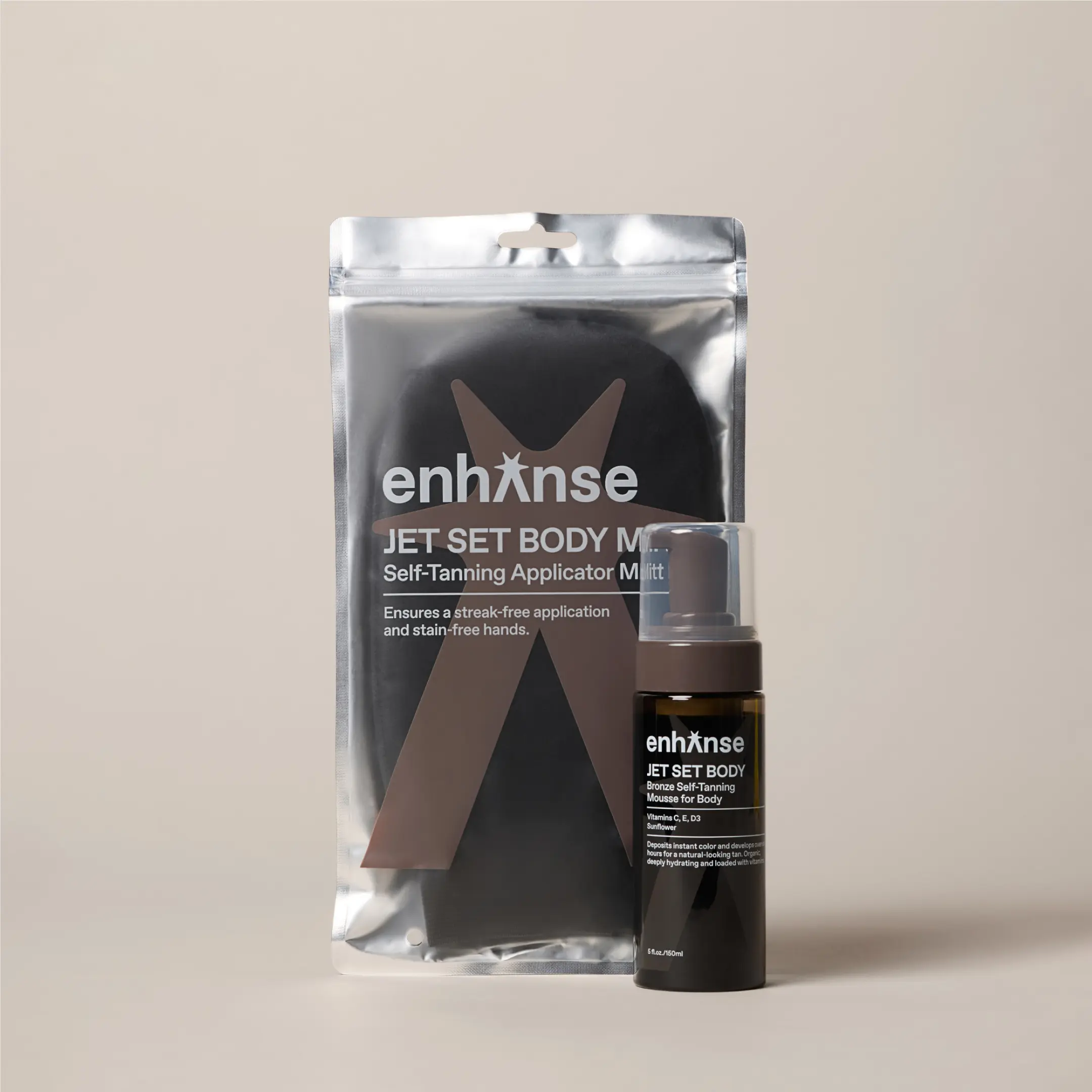 Enhanse Jet Set Body Express Self Tanner Mousse & Tanning Mitt for Men, Hydrating Self Tan, Vitamin C E D3, Perfect Vacation Prep, Develops in 1-3 Hours, Anti Orange Streak Free Tanning, 5 Fl Oz