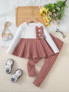 2-piece fashion autumn/winter set for infants and toddlers with bow-tie detailing, long sleeves and long trousers cute elegant girls' casual pullover top and leggings suitable for babies to wear when going out Baby Girl Clothes