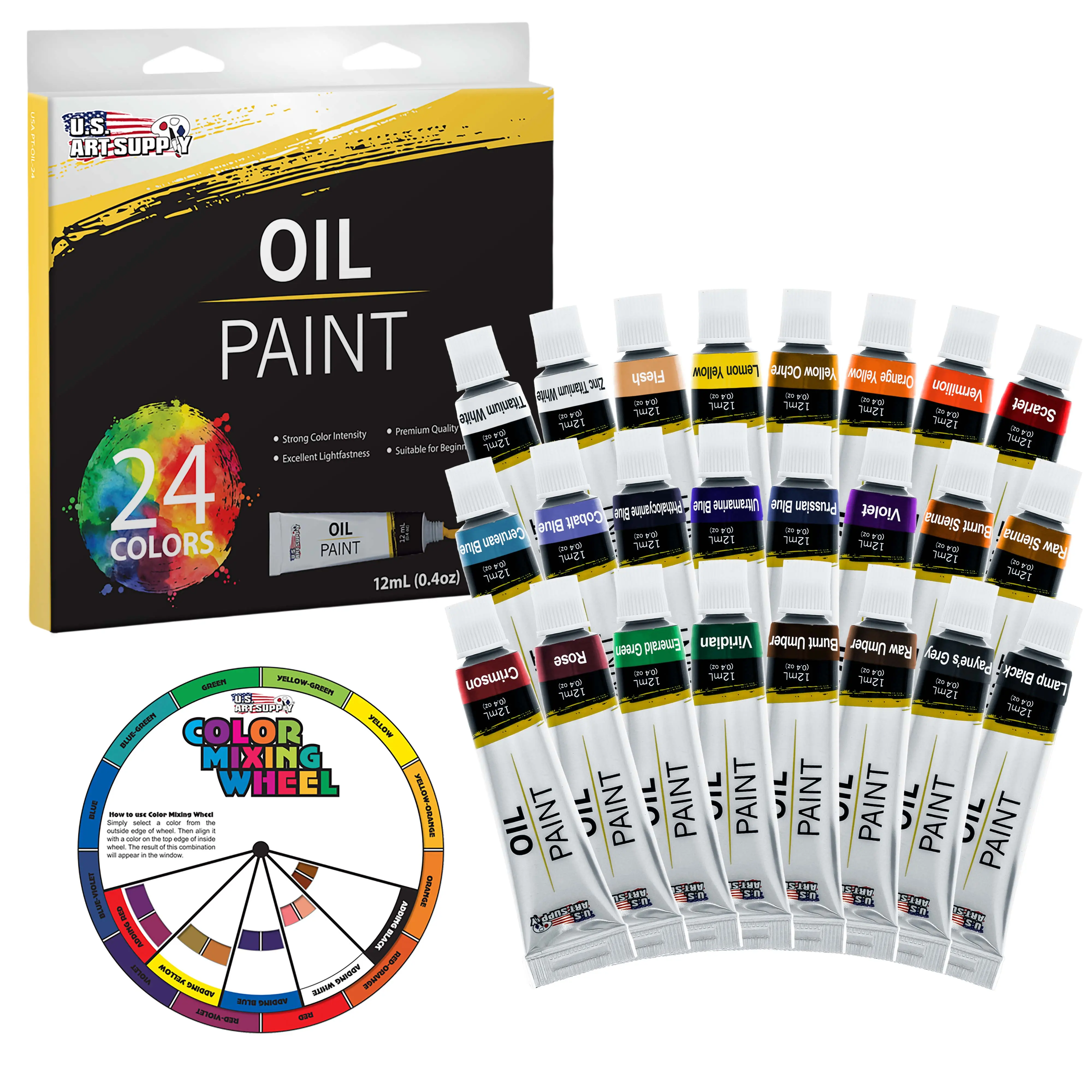 Professional Oil Paint Set - 24 Vibrant Colors in 12ml Tubes for Canvas, Wood & Art Surfaces - Oil Based Paint for Artists, Adults & Students