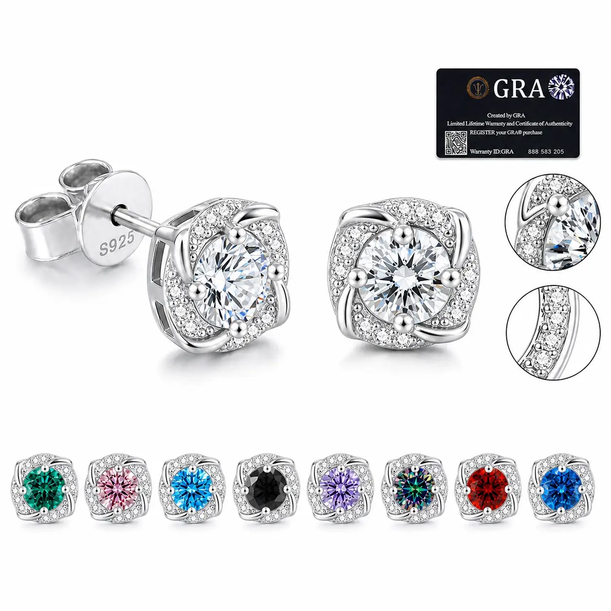 Women's S925 Sterling Silver Square Swirl Frame Round Moissanite Stud Earrings, Butterfly Back Lab-Created Multicolor Stones, Happy Birthday Anniversary Gift