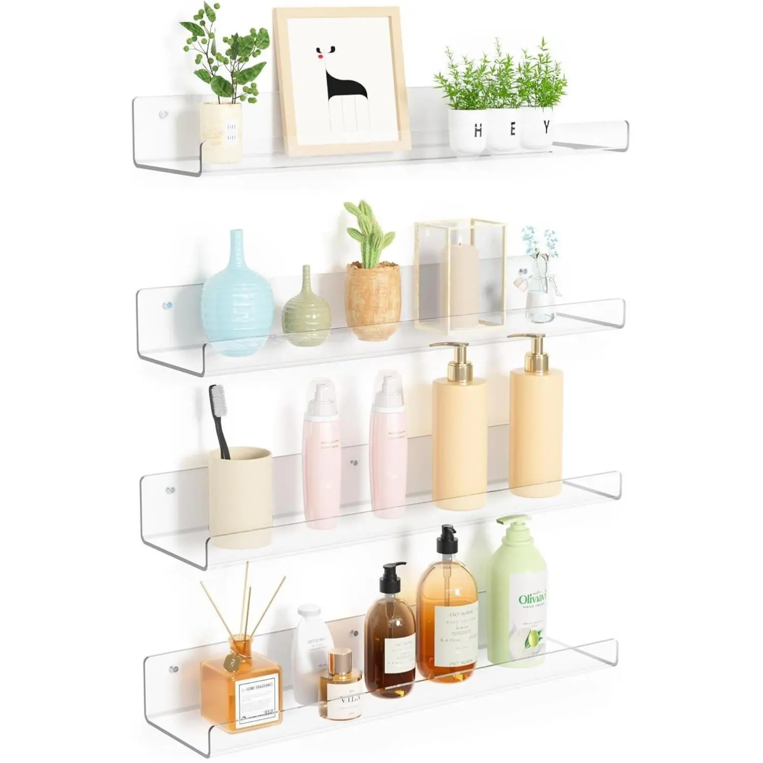 4 Pack Acrylic Shelves for Wall Storage, 15" Floating Bookshelves for Kids, Display Shelf Organizer for Bathroom, Bedroom, Living Room, Kitchen, Room Decor, Clear