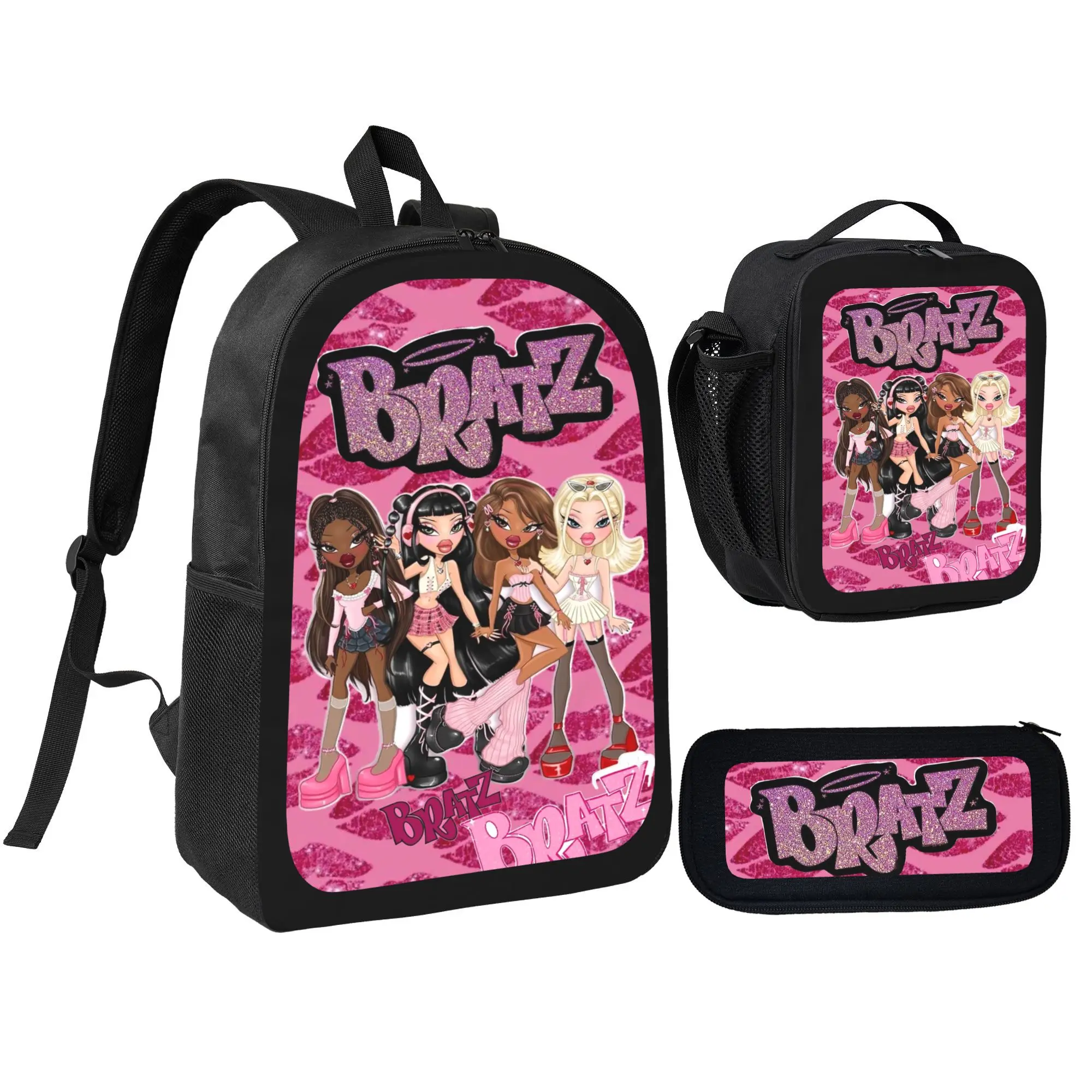 Bratz Doll 3 In 1 Backpack Set, Polyester Large‑Capacity School Bookbag With Lunch Bag & Pencil Case, Y2K Trendy Lightweight Daypack Gift For Girls Teens