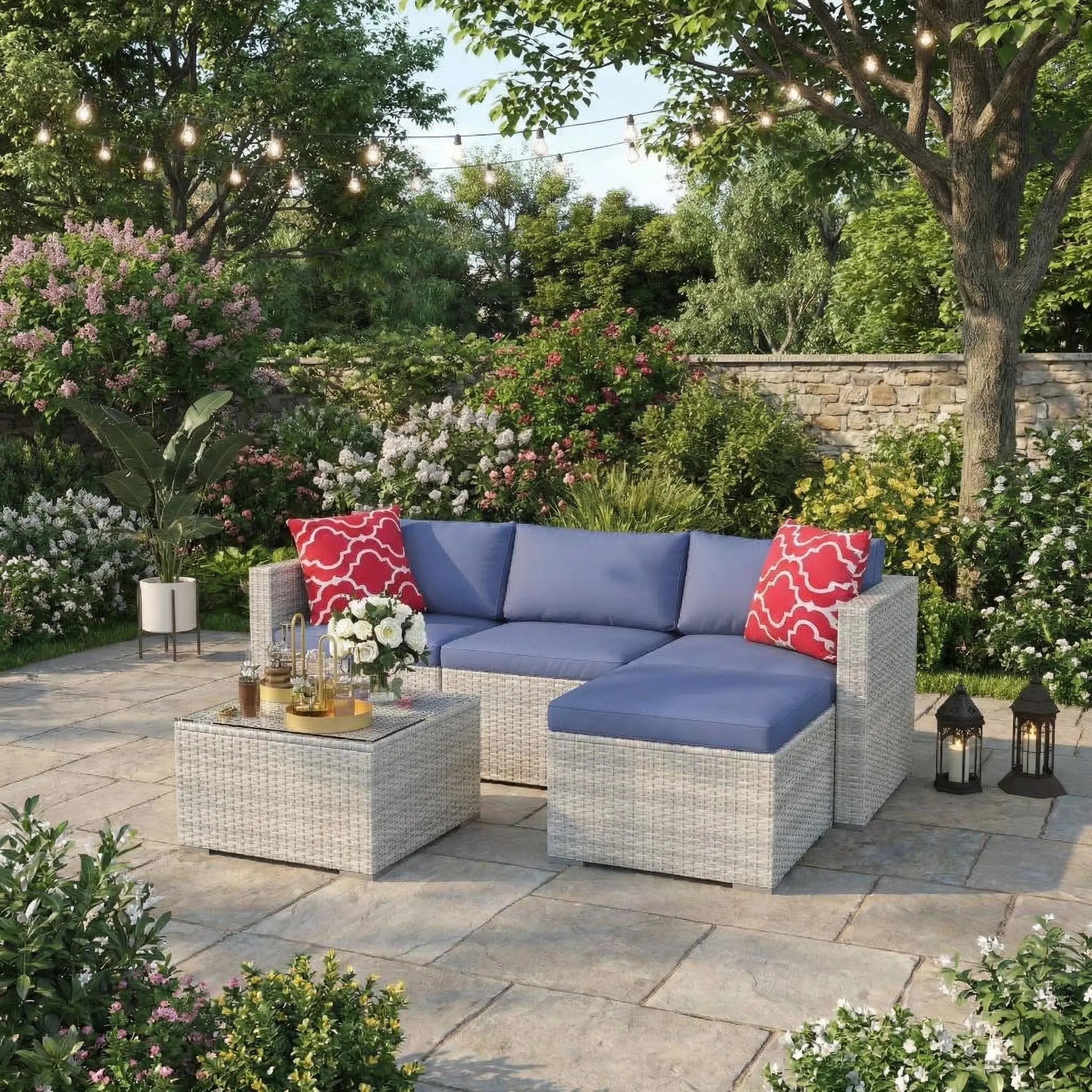 Gaomon 5-Piece 5-Seat L-Shaped All-Weather Outdoor Sectional Sofas Set, PE Wicker Multi-Config Patio Furniture with Cushions, Tempered Glass Table & Steel Frame for Backyard, Poolside (Gray Gradient Wicker/Blue Cushions), Five Seats