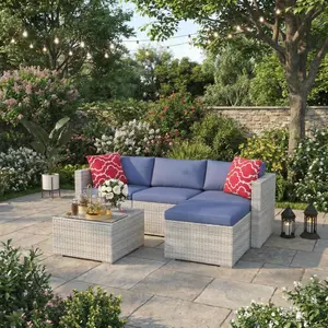 Gaomon 5-Piece All-Weather L-Shaped Outdoor Sectional Set, PE Wicker Multi-Config Sofa with Cushions, Tempered Glass Table & Steel Frame for Backyard, Poolside (Gray Gradient Wicker/Blue Cushions)
