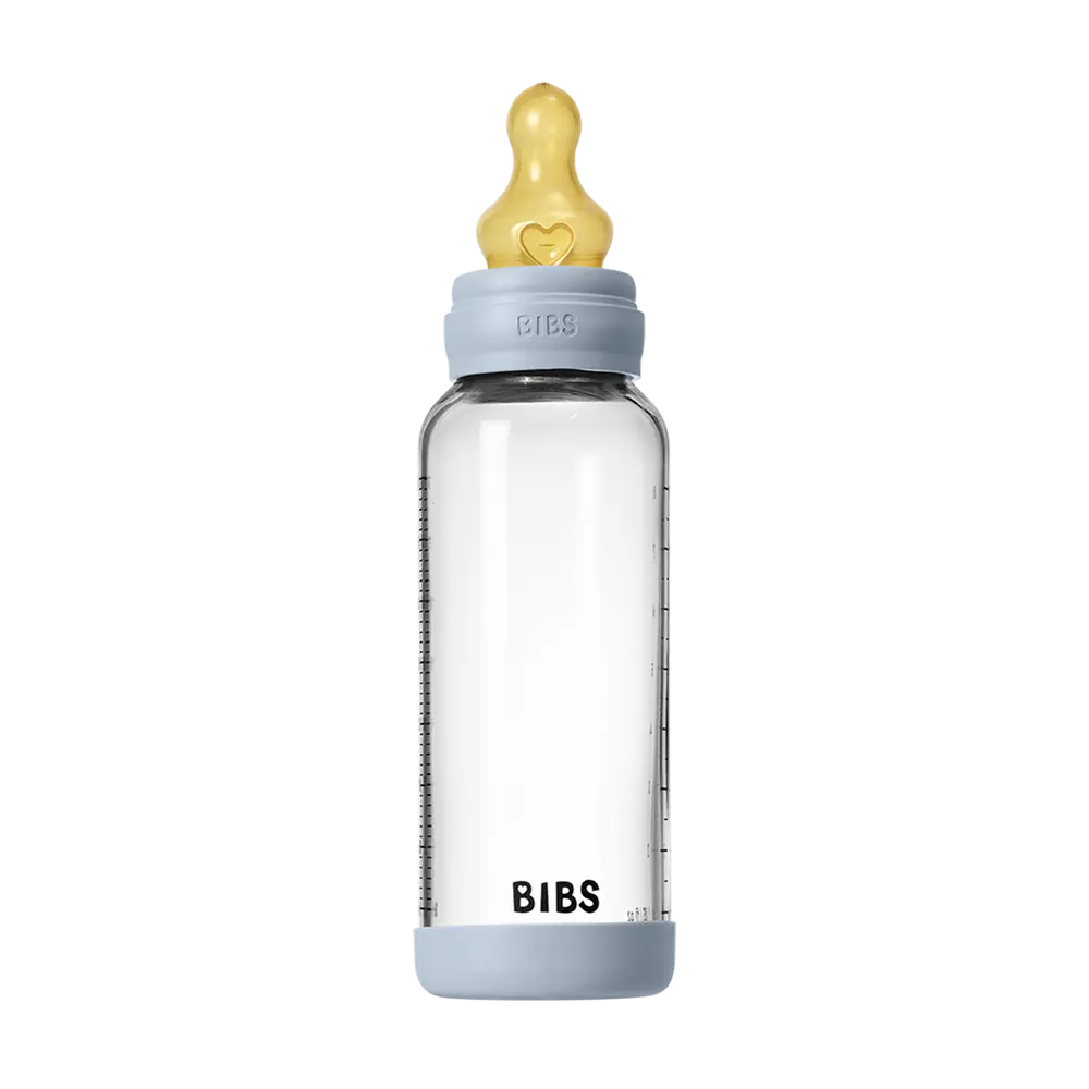 Bibs Baby Glass Bottle Set 8oz Latex Baby Blue with Heart-Shaped Cap from Denmark