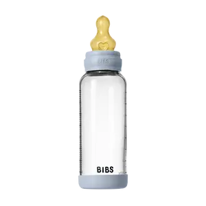Bibs Baby Glass Bottle Set 8oz Latex Baby Blue with Heart-Shaped Cap from Denmark