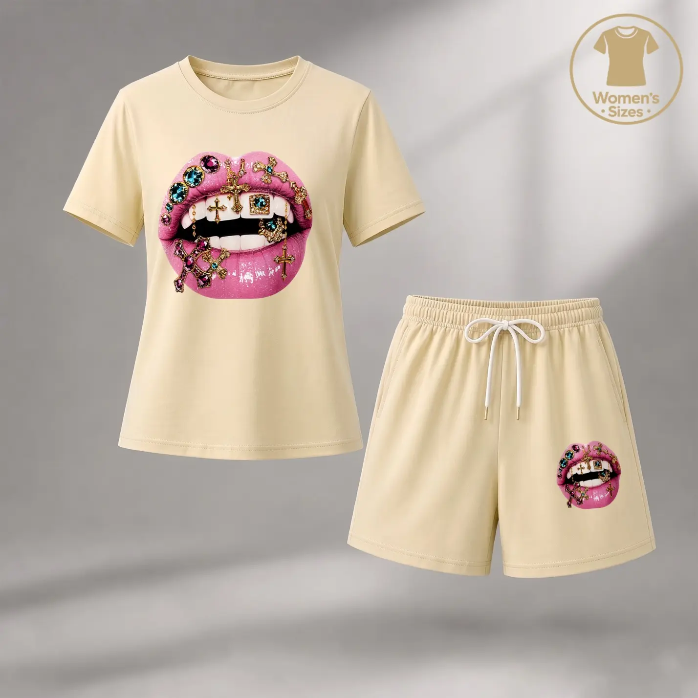 Women’s Graphic T Shirt and Shorts Set, Pink Lips Jewel Print 2 Piece Outfit, Casual Short Sleeve Crew Neck Top and Drawstring Shorts Matching Set, Summer Streetwear Lounge Set for Daily Wear and Travel