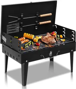 ROVSUN Portable Charcoal Grill, Outdoor Foldable BBQ Grill with Barbecue Accessories & Lid for Cooking Camping Picnic Hiking Beach Party Patio Smokers, Height Adjustable for 3 to 5 People