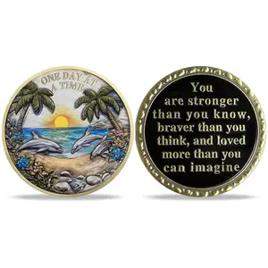 Beach Dolphin Sobriety Coin, One Day at a Time Recovery Medallion with Sunset Palm Tree Design, Sober Anniversary Gift for 12 Step Recovery Milestone and Daily Reminder