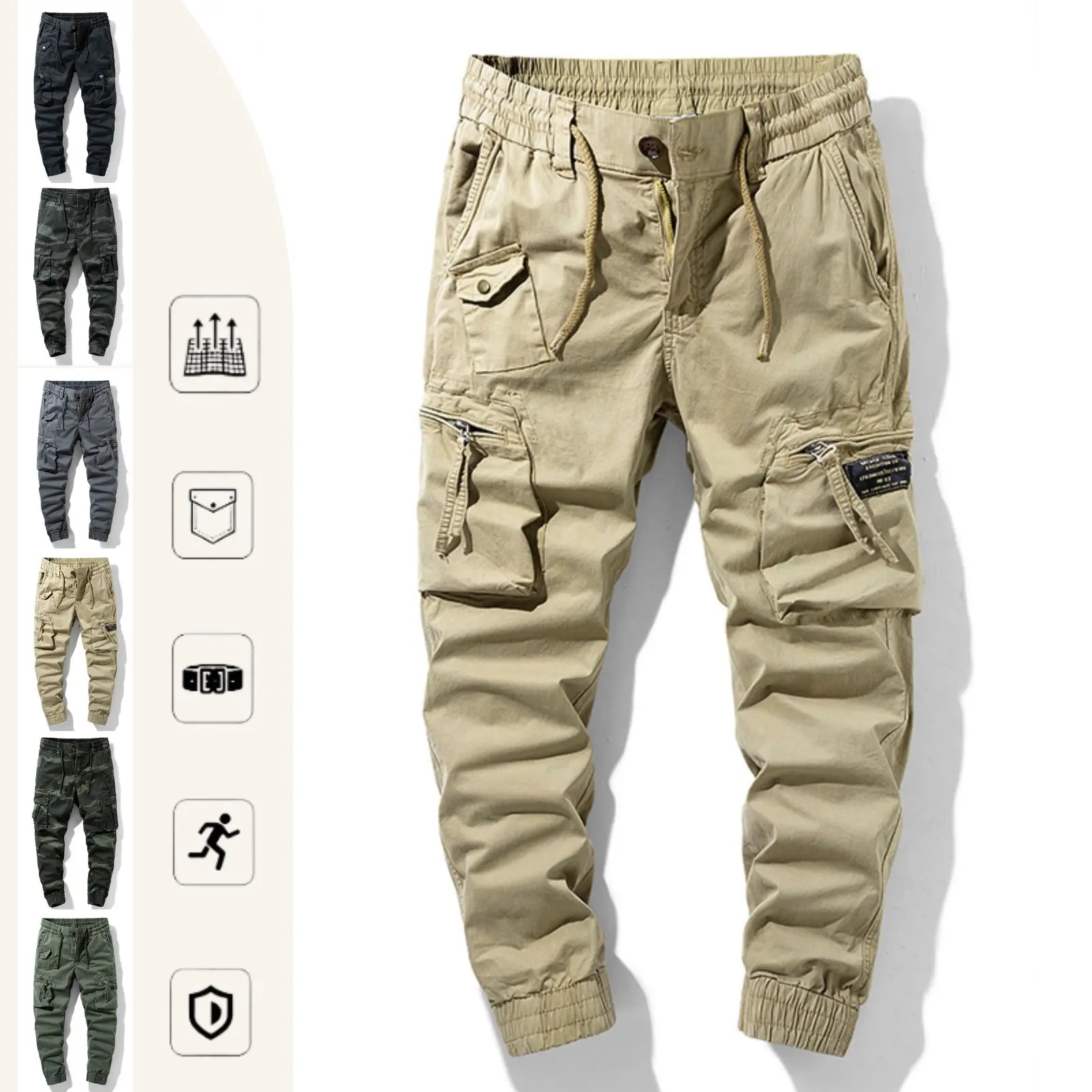 Men's Colorblock Plain Cotton-Elastane Cargo Jogger Pants - Stylish Double-Layer Design, Mid-Waist Fit, Zippered Pockets, Casual Chic