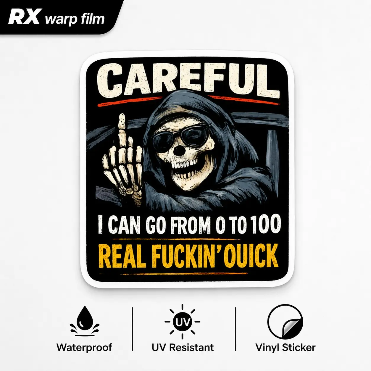 Funny Skeleton Car Sticker, Careful 0 To 100 Meme Vinyl Decal, Waterproof Sticker for Car Window Laptop Bottle Decoration