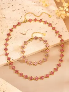 2-piece elegant and luxurious full diamond four leaf flower bracelet and necklace combination, 304 stainless steel Fashion Jewelry Set, suitable for daily use and parties, durable matching set, suitable for birthdays and Christmas