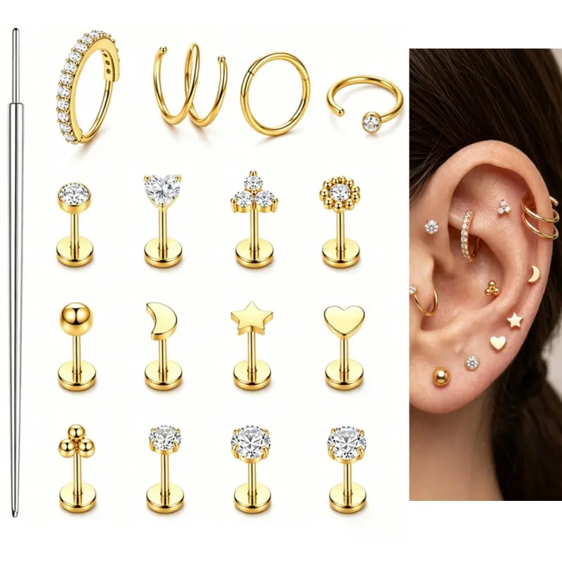 Sicbumi 17PCS  Body Piercing Jewelry Flat Back Earrings Stud Nose Ring for Women Men Hypoallergenic 316L Surgical Steel Earrings Flatback Stud Hoop Cartilage Earring Set for Multiple Piercing,summeroutfits,vacationoutfits,beachout