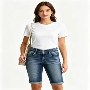 Women's Plus Size High-Waisted Stretchy Ripped Denim Bermuda Shorts with Folded Hem, Basic Casual Everyday Women's Bottoms