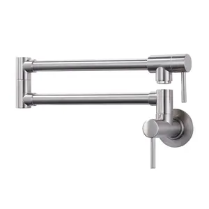 WOWOW Modern Wall-Mounted Brass Pot Filler - Brushed Nickel Retractable Arm, Single-Hole Double Handle Faucet Attachment for Sink, Stove